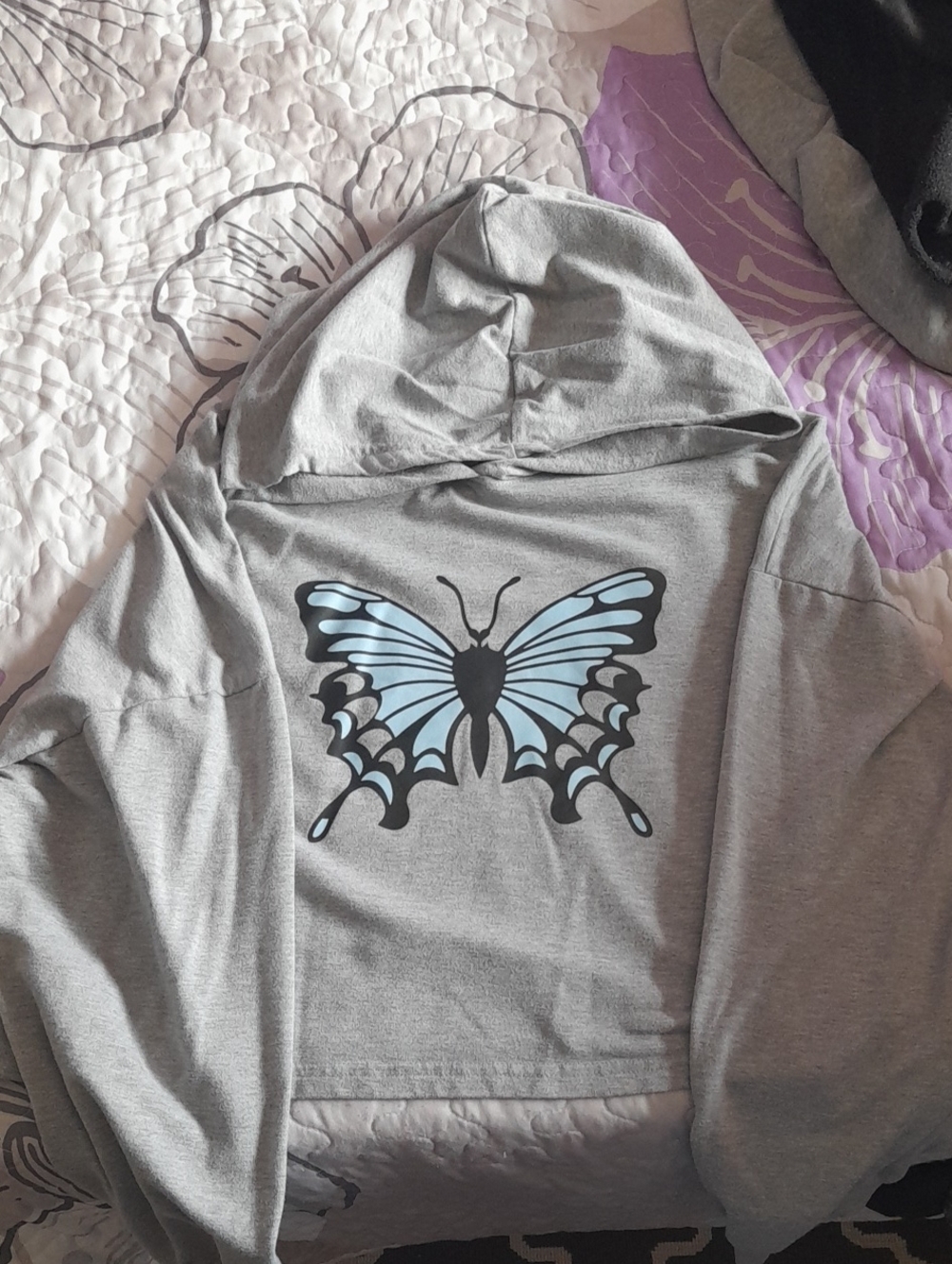 Women's Gray Cropted Hoodie with Blue Butterfly Graphic